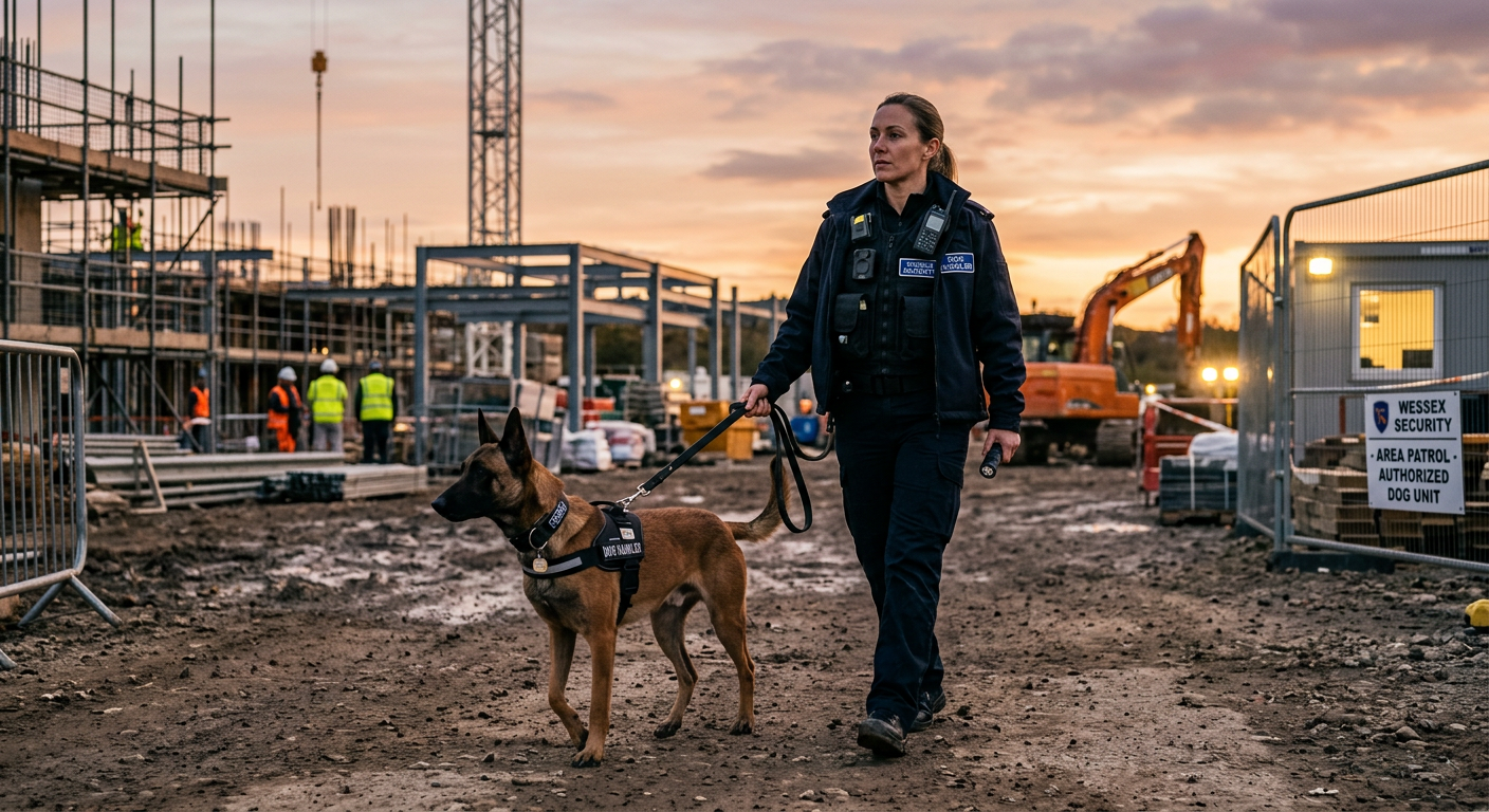 Professional security dog handler with a controlled working dog at a construction site