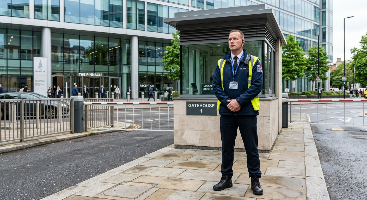 Professional static security guard at a commercial building entrance