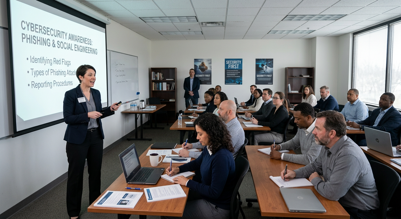 Security training classroom with instructor and adult learners
